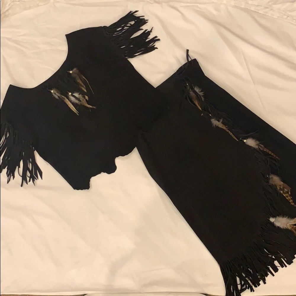 Suede Skirt and Top with Fringe and Feathers
